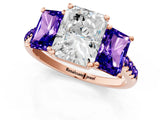 Rose gold Three-Stone Radiant Cut Diamond Ring with Round with Tanzanite side stone Pavé Band and Prong Setting_1