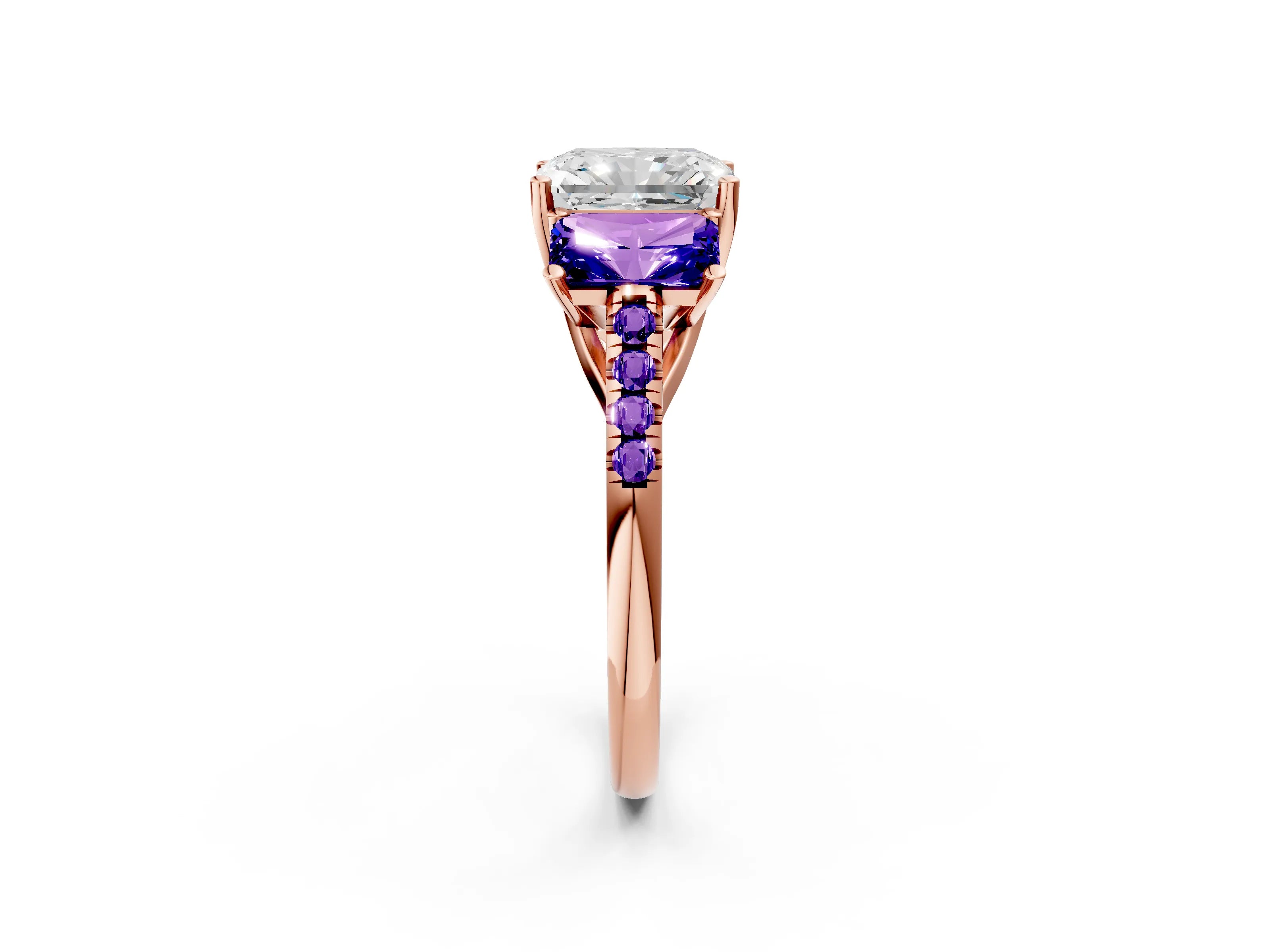 Rose gold Three-Stone Radiant Cut Diamond Ring with Round with Tanzanite side stone Pavé Band and Prong Setting_2