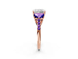 Rose gold Three-Stone Radiant Cut Diamond Ring with Round with Tanzanite side stone Pavé Band and Prong Setting_2