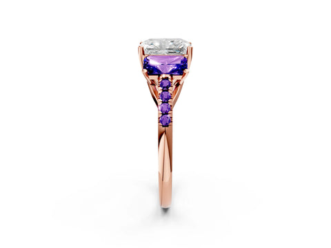 Rose gold Three-Stone Radiant Cut Diamond Ring with Round with Tanzanite side stone Pavé Band and Prong Setting_2
