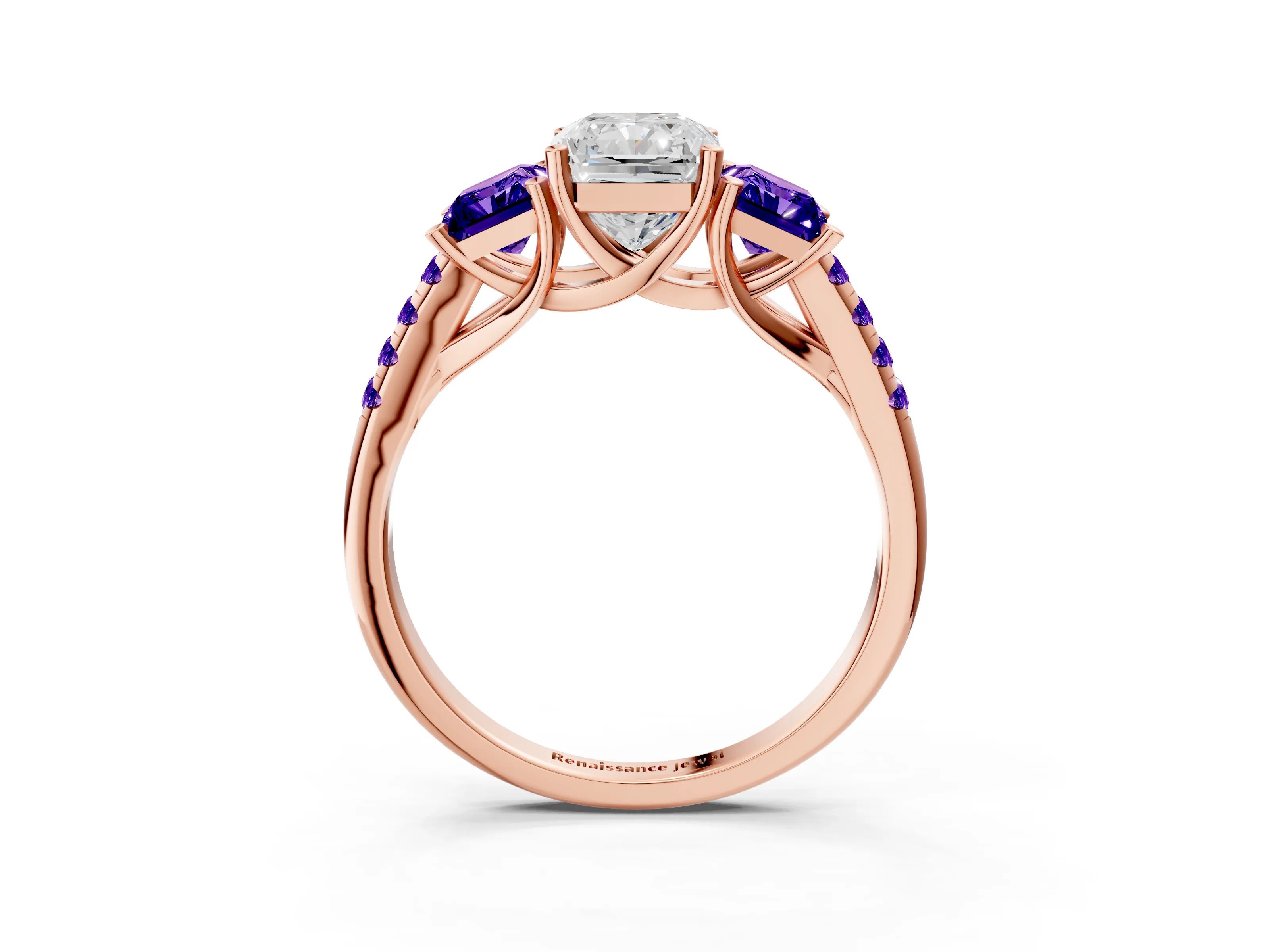 Rose gold Three-Stone Radiant Cut Diamond Ring with Round with Tanzanite side stone Pavé Band and Prong Setting_3