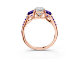 Rose gold Three-Stone Radiant Cut Diamond Ring with Round with Tanzanite side stone Pavé Band and Prong Setting_3