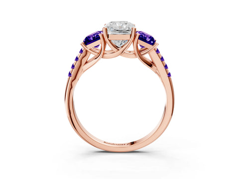 Rose gold Three-Stone Radiant Cut Diamond Ring with Round with Tanzanite side stone Pavé Band and Prong Setting_3