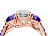 Rose gold Three-Stone Radiant Cut Diamond Ring with Round with Tanzanite side stone Pavé Band and Prong Setting_4