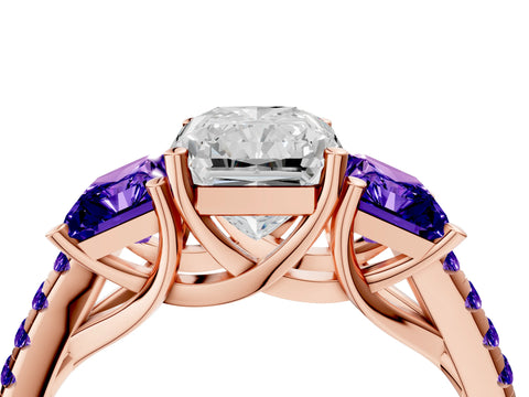 Rose gold Three-Stone Radiant Cut Diamond Ring with Round with Tanzanite side stone Pavé Band and Prong Setting_4