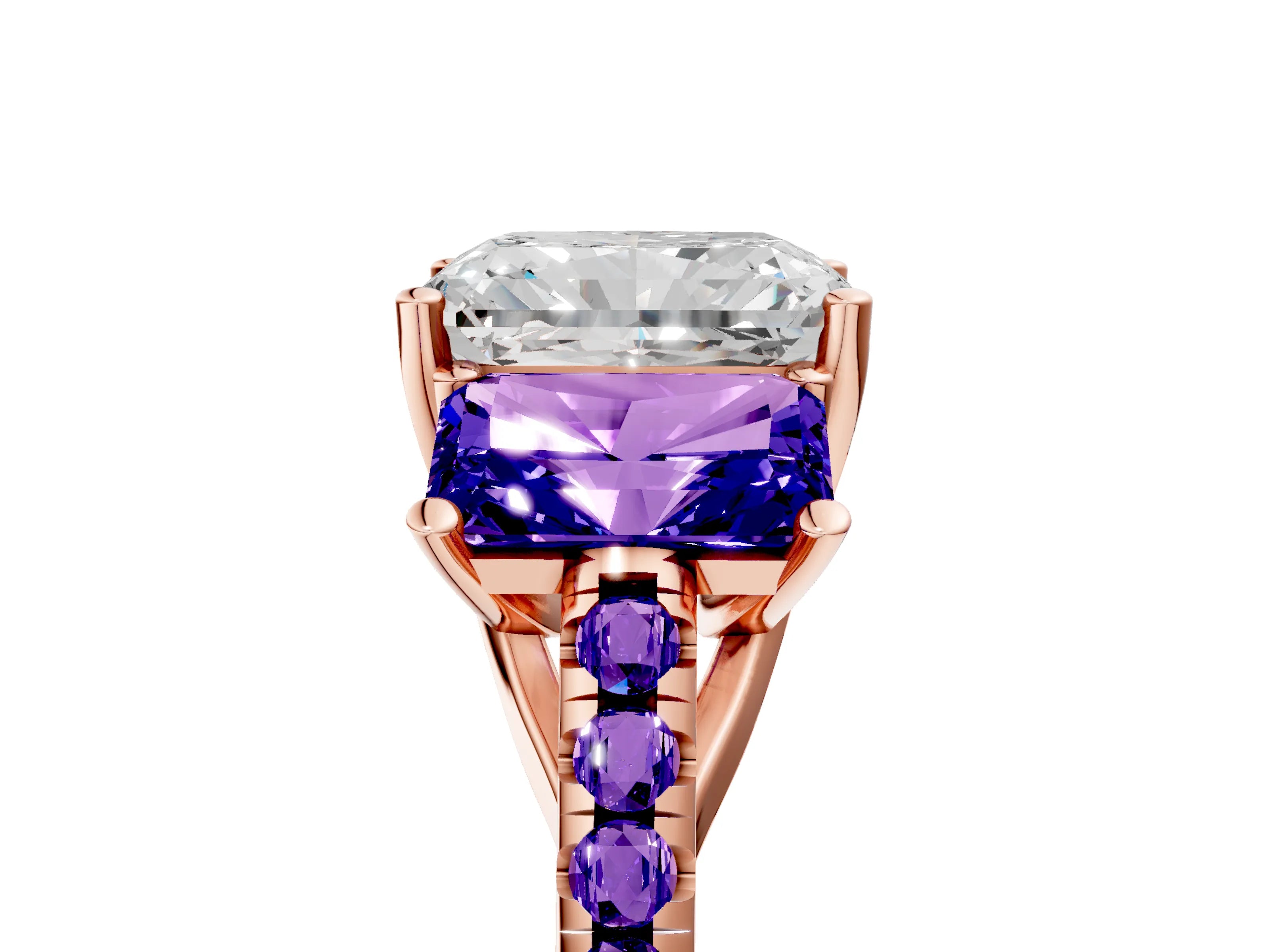 Rose gold Three-Stone Radiant Cut Diamond Ring with Round with Tanzanite side stone Pavé Band and Prong Setting_5
