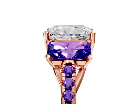 Rose gold Three-Stone Radiant Cut Diamond Ring with Round with Tanzanite side stone Pavé Band and Prong Setting_5