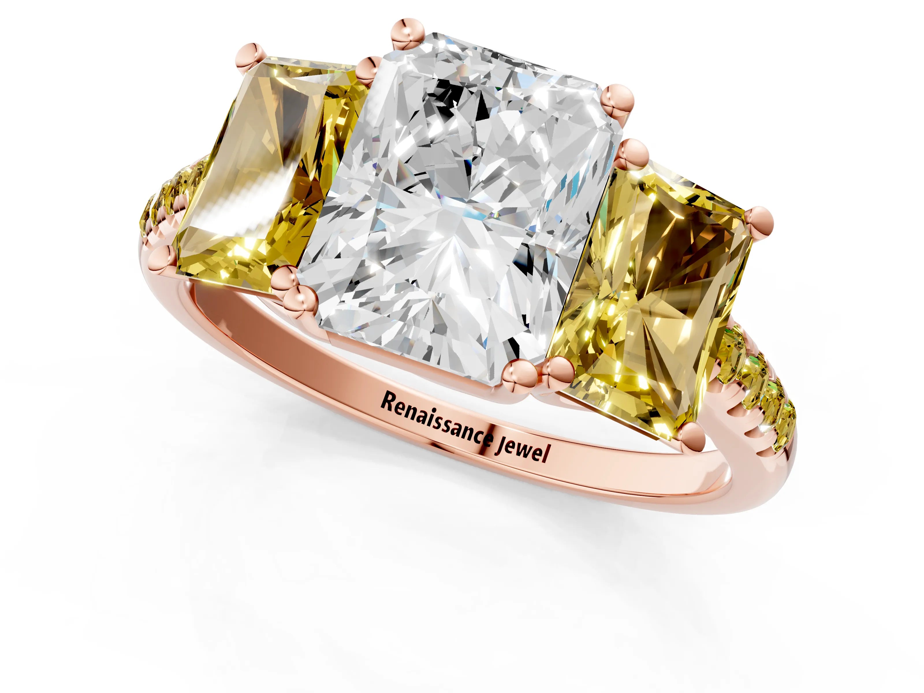 Rose gold Three-Stone Radiant Cut Diamond Ring with Round with Yellow Sapphire side stone Pavé Band and Prong Setting_1