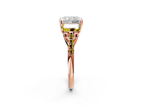 Rose gold Three-Stone Radiant Cut Diamond Ring with Round with Yellow Sapphire side stone Pavé Band and Prong Setting_2