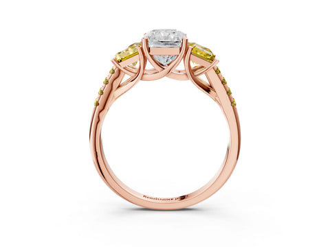 Rose gold Three-Stone Radiant Cut Diamond Ring with Round with Yellow Sapphire side stone Pavé Band and Prong Setting_3