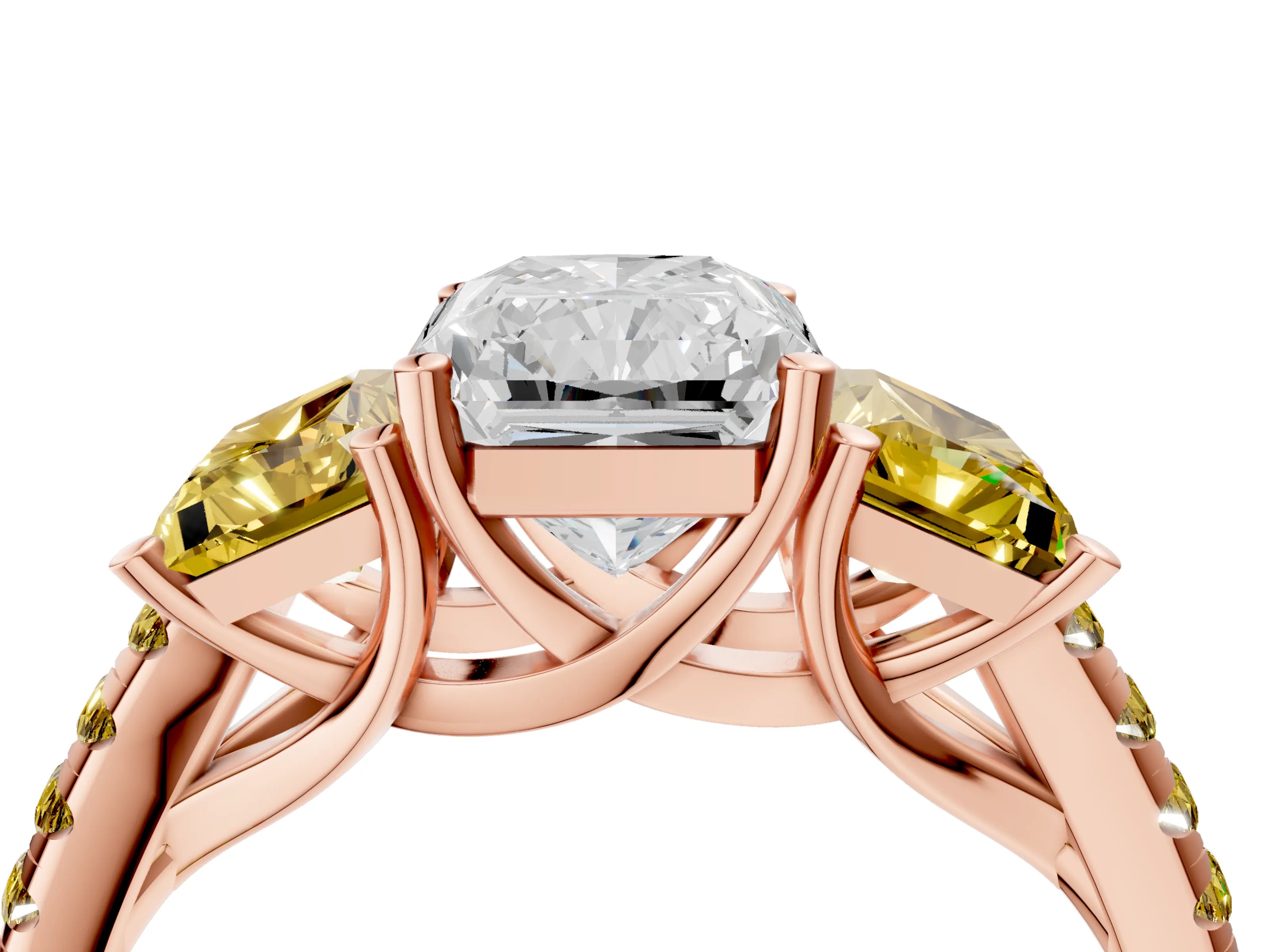 Rose gold Three-Stone Radiant Cut Diamond Ring with Round with Yellow Sapphire side stone Pavé Band and Prong Setting_4