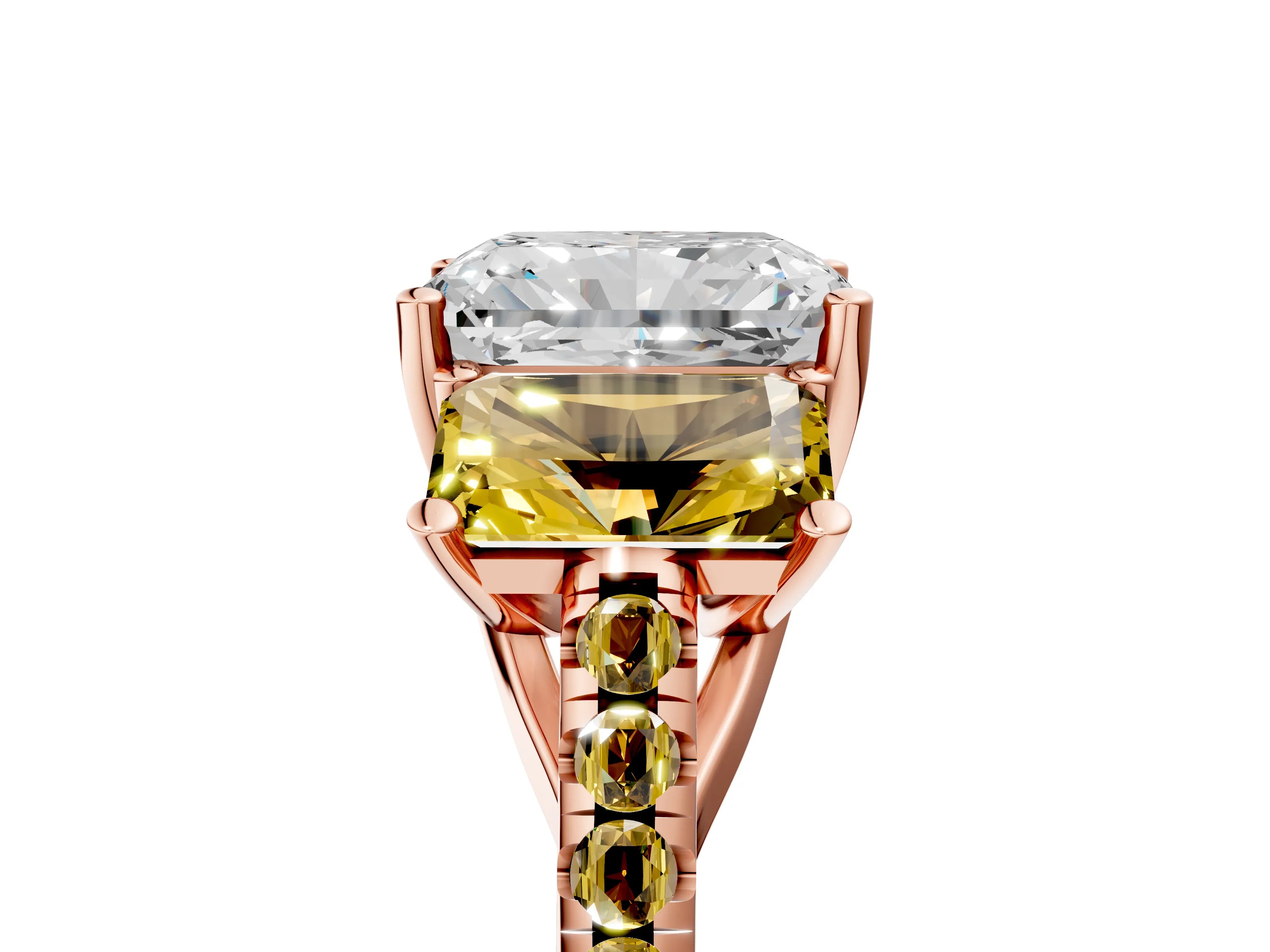 Rose gold Three-Stone Radiant Cut Diamond Ring with Round with Yellow Sapphire side stone Pavé Band and Prong Setting_5