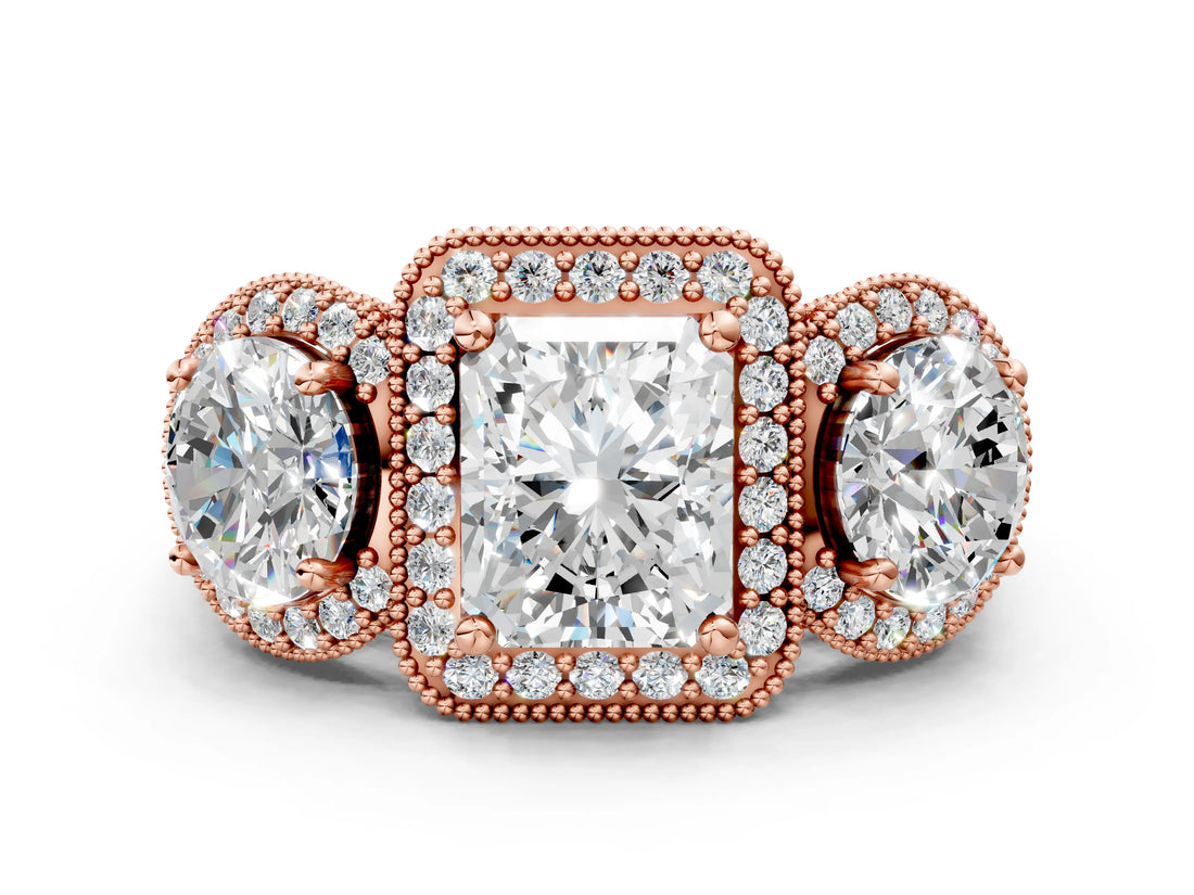 Rose gold Three-Stone Radiant Cut Halo Diamond Milgrain Band with Four-Prong Setting_3