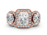 Rose gold Three-Stone Radiant Cut Halo Diamond Milgrain Band with Four-Prong Setting_3