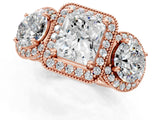 Rose gold Three-Stone Radiant Cut Halo Diamond Milgrain Band with Four-Prong Setting_4