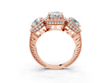 Rose gold Three-Stone Radiant Cut Halo Diamond Milgrain Band with Four-Prong Setting_6