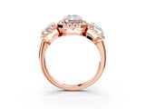 Rose gold Three-Stone Radiant Cut Halo Diamond Ring with Pave Band and Four-Prong Setting_6