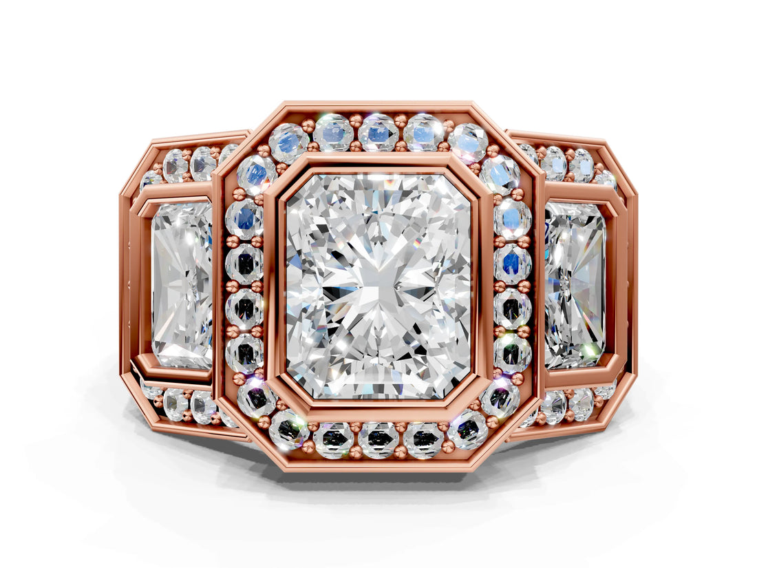 Rose gold Three-Stone Radiant Cut Halo Pavé Diamond Ring_3