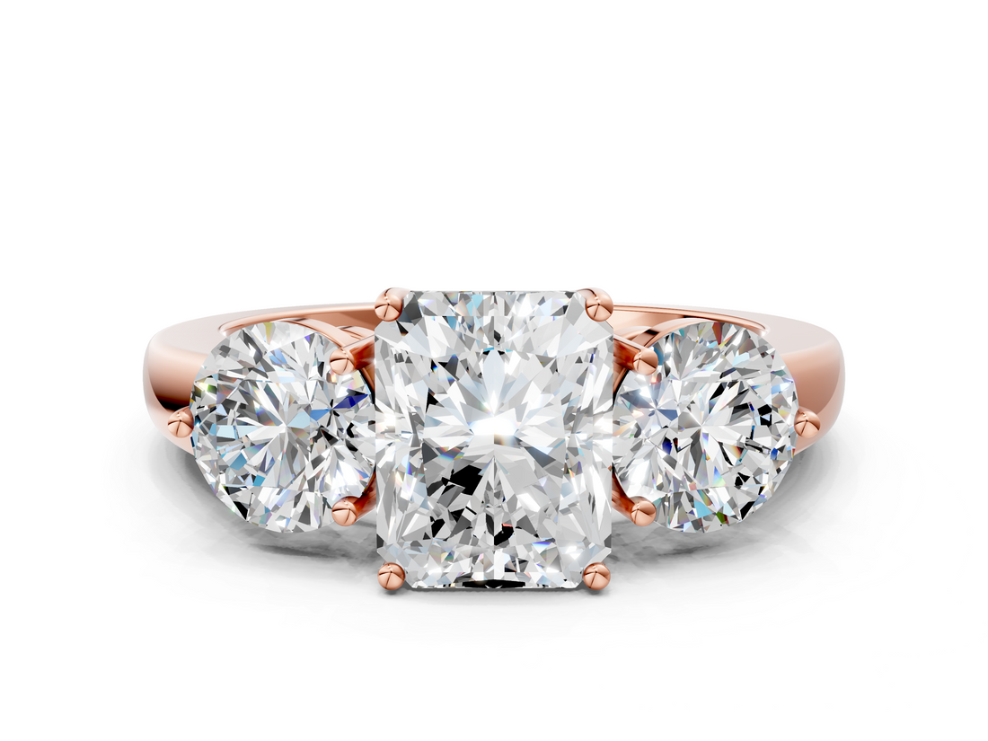 Rose gold Three-Stone Radiant Cut Solitaire Ring with Prong Setting on a Classic Band_111