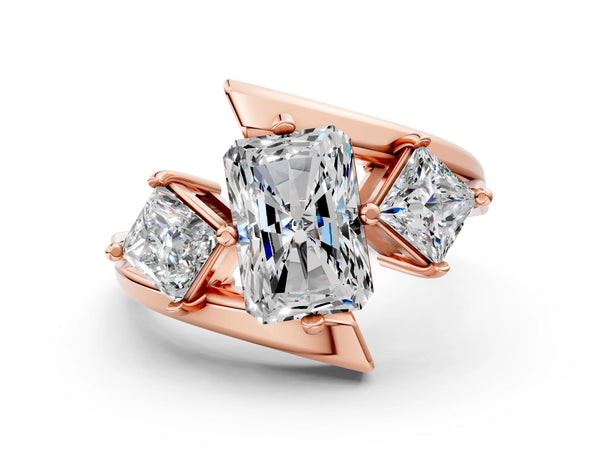 Rose gold Three-Stone Radiant Cut Tension Band Ring with Four-Prong Setting