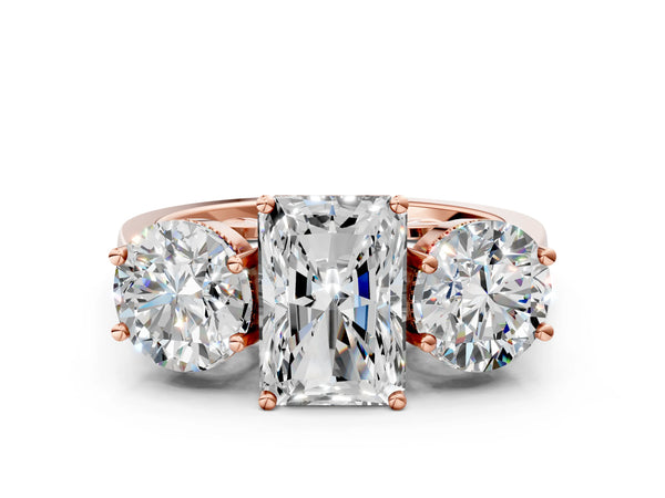 Rose gold Three-Stone Radiant Diamond Engagement Ring with Prong Setting on a Classic Band