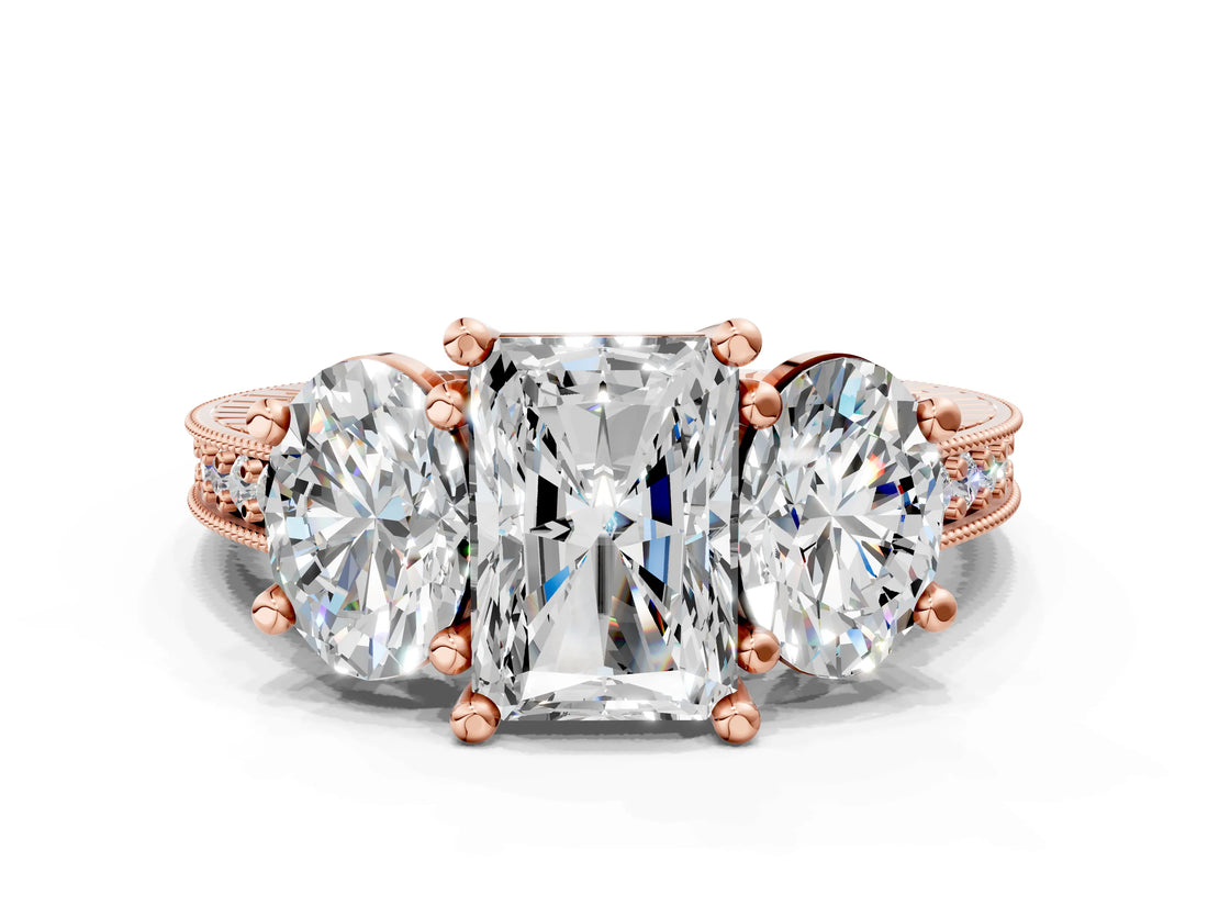 Rose gold Three-Stone Radiant Diamond Milgrain Pave Band with Prong Setting