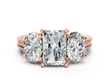 Rose gold Three-Stone Radiant Diamond Milgrain Pave Band with Prong Setting