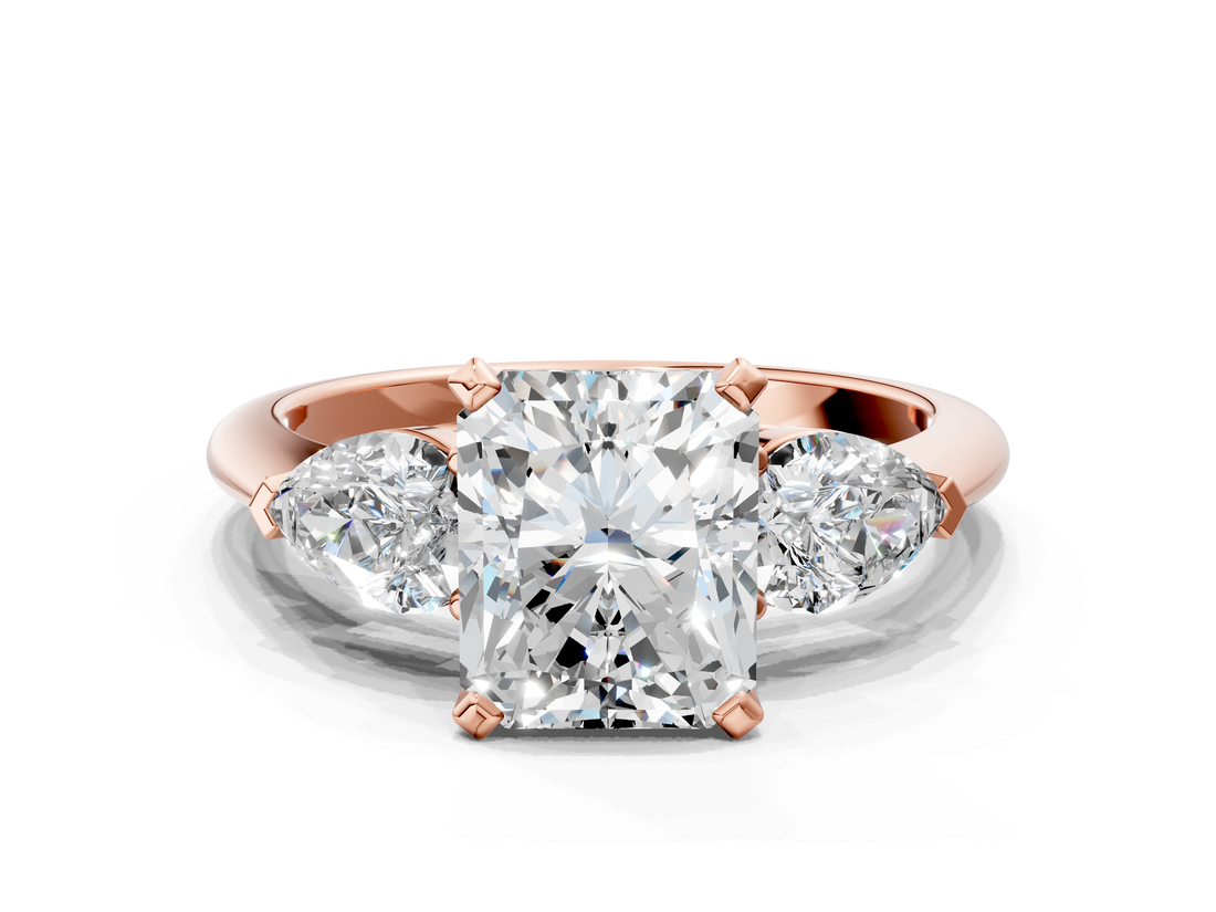 Rose gold Three-Stone Radiant Diamond Ring with Pear Side Stones in Four-Prong Setting_77