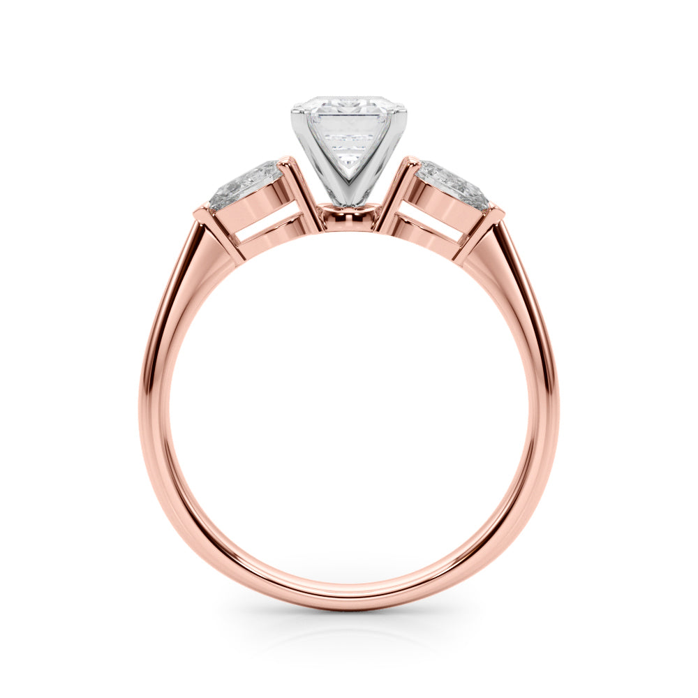 Rose gold Three-Stone Radiant Diamond Ring with Pear Side Stones on a Platinum Band with Four-Prong Setting 1
