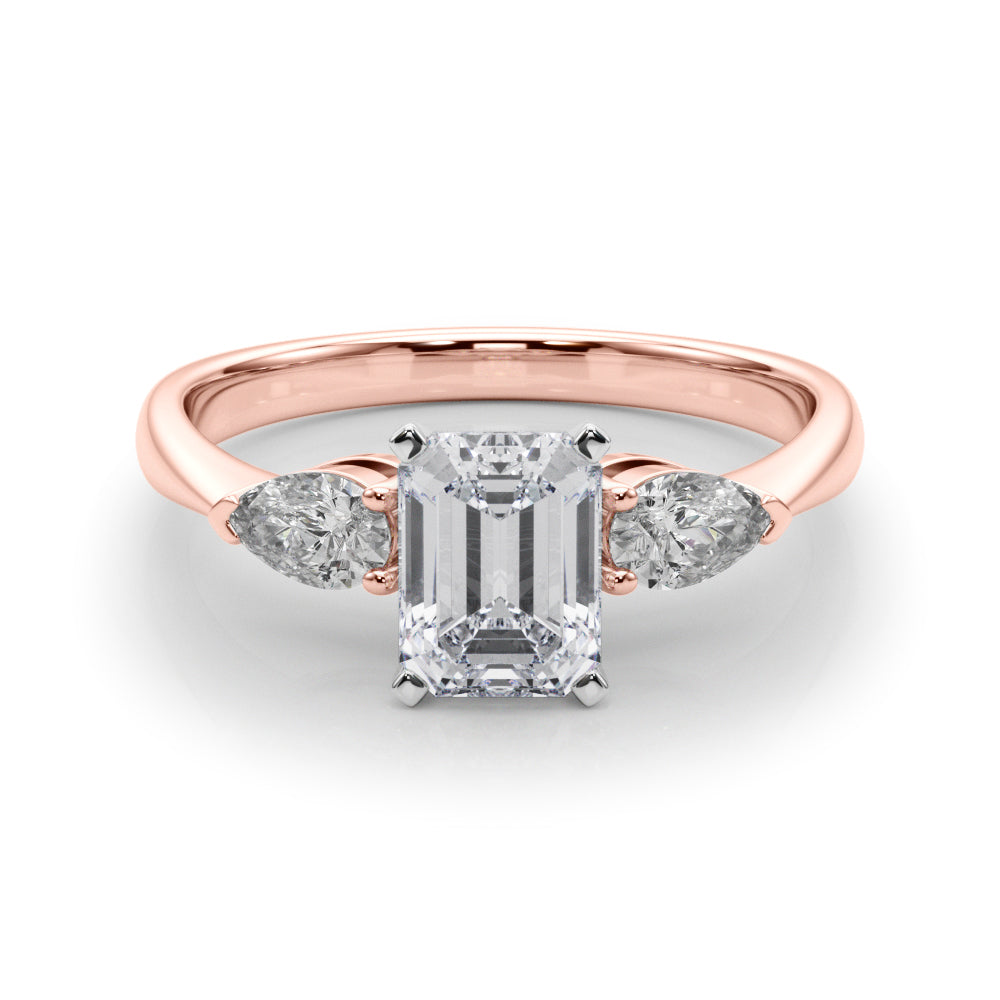Rose gold Three-Stone Radiant Diamond Ring with Pear Side Stones on a Platinum Band with Four-Prong Setting