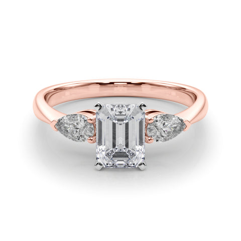 Rose gold Three-Stone Radiant Diamond Ring with Pear Side Stones on a Platinum Band with Four-Prong Setting