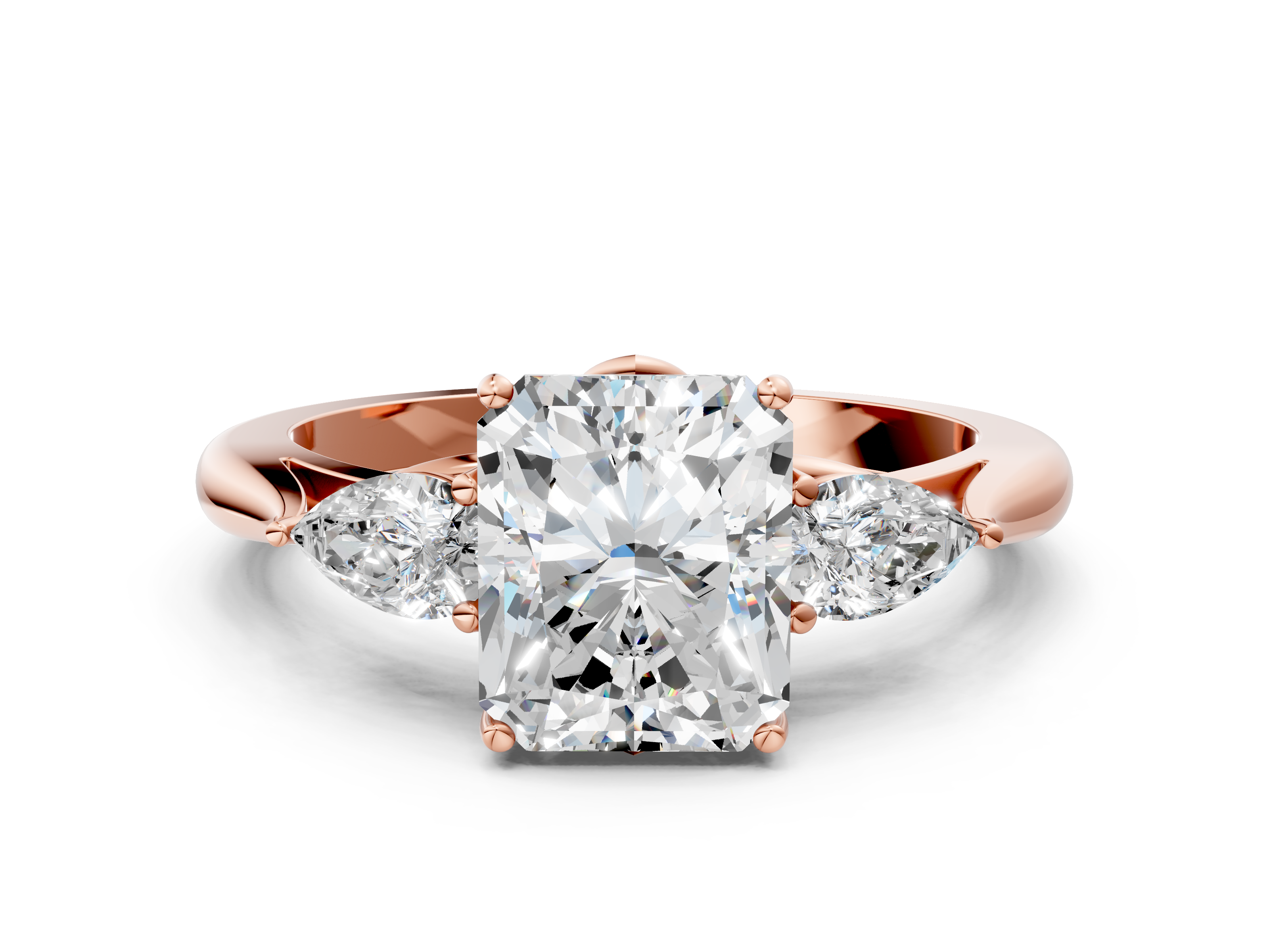 Rose gold Three-Stone Radiant Diamond Solitaire Ring with Pear Side Stones and Four-Prong Setting_43
