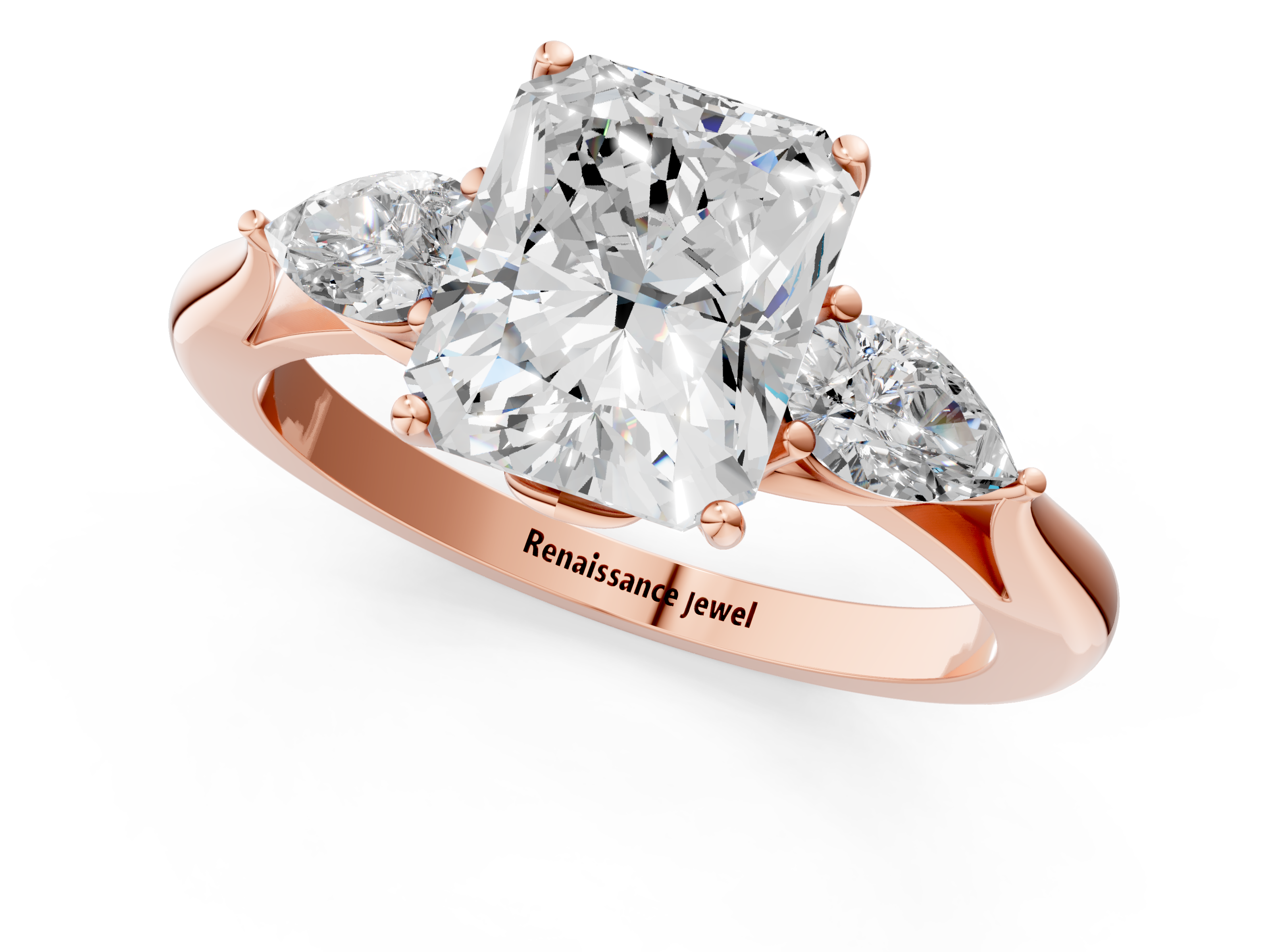 Rose gold Three-Stone Radiant Diamond Solitaire Ring with Pear Side Stones and Four-Prong Setting_44