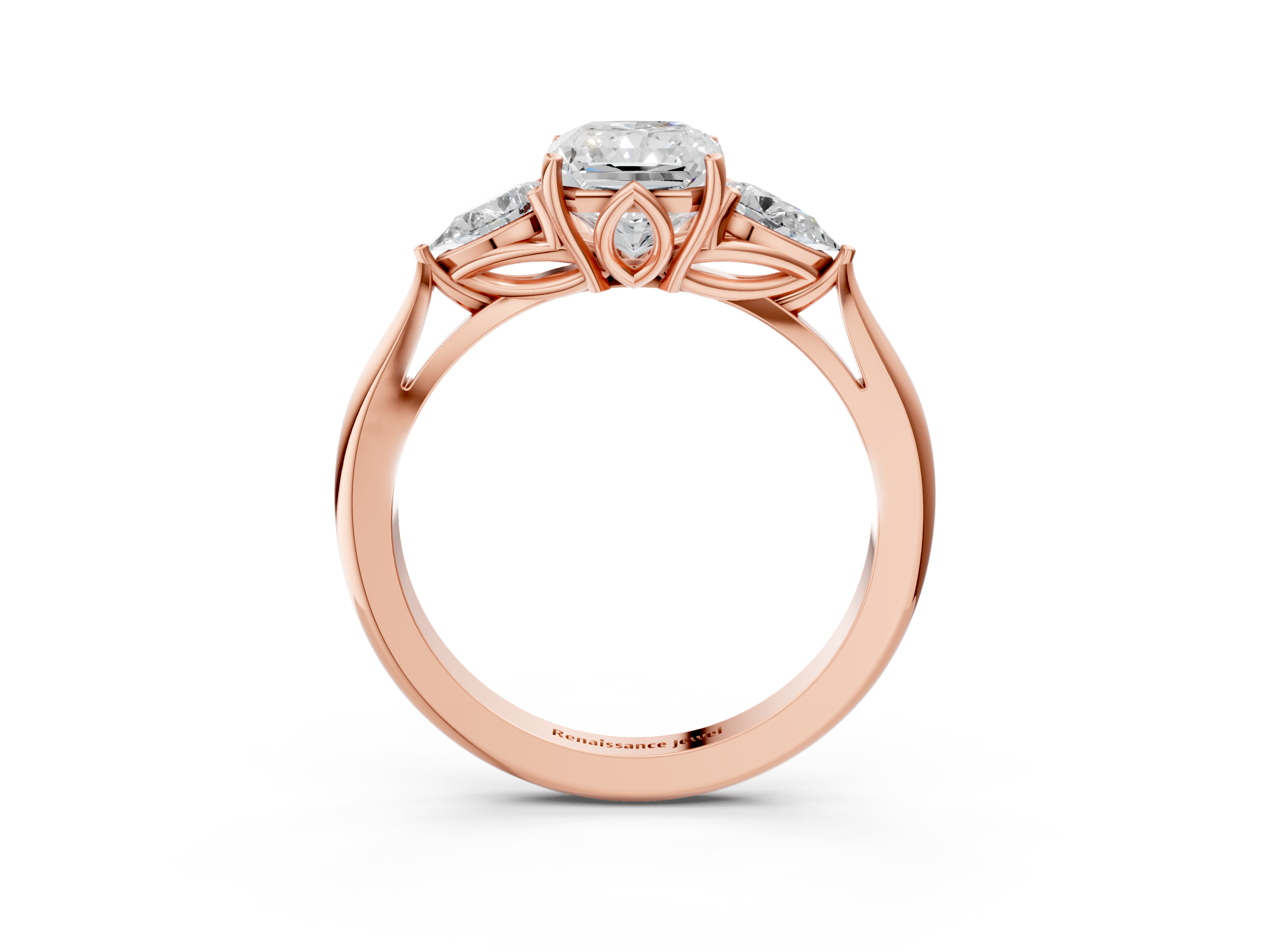 Rose gold Three-Stone Radiant Diamond Solitaire Ring with Pear Side Stones and Four-Prong Setting_46