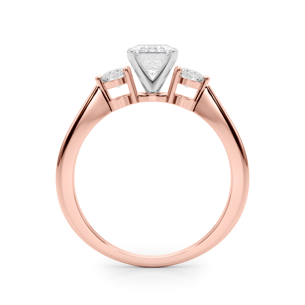 Rose gold Three-Stone Radiant Solitaire Ring with Tapered Band and Four-Prong Setting 1