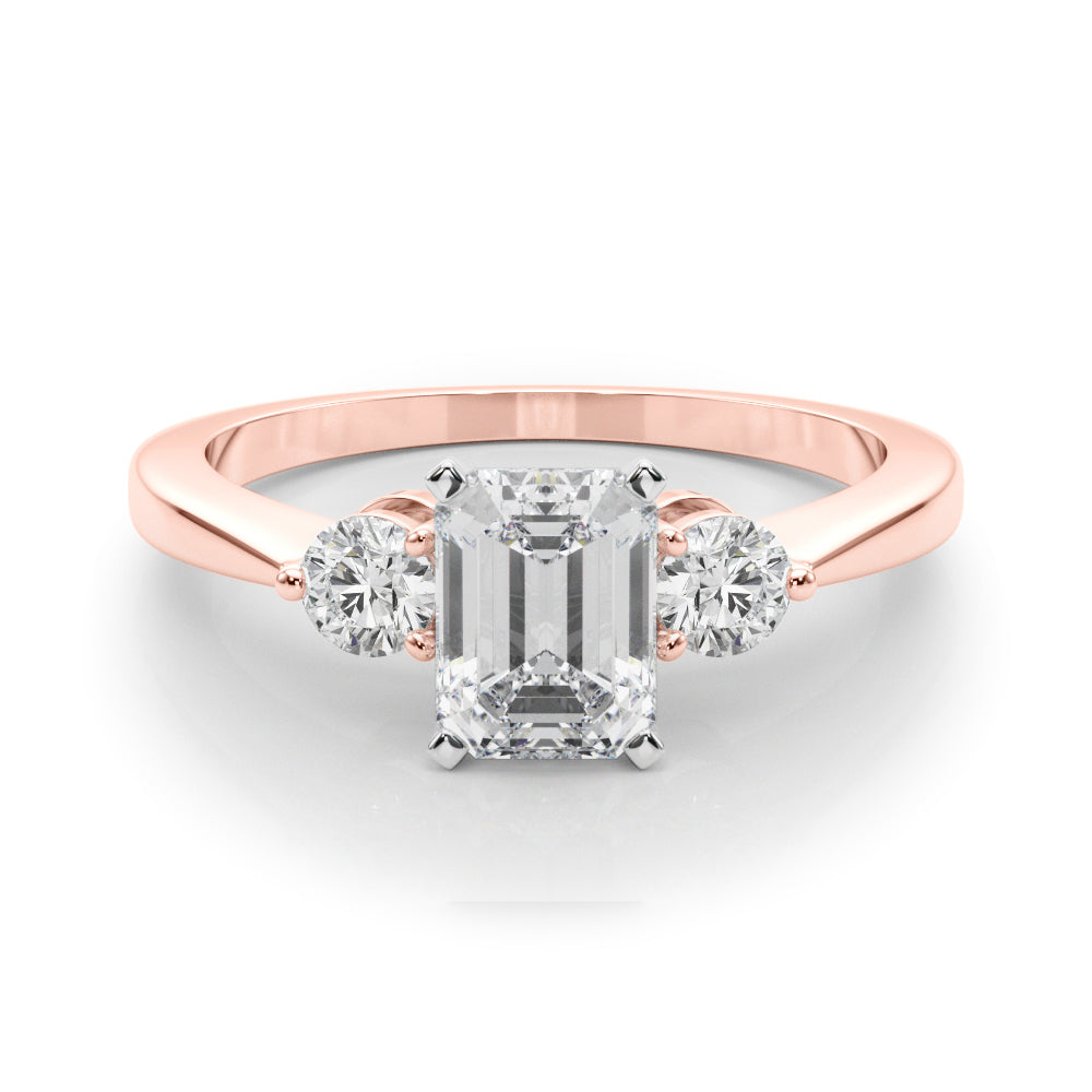 Rose gold Three-Stone Radiant Solitaire Ring with Tapered Band and Four-Prong Setting