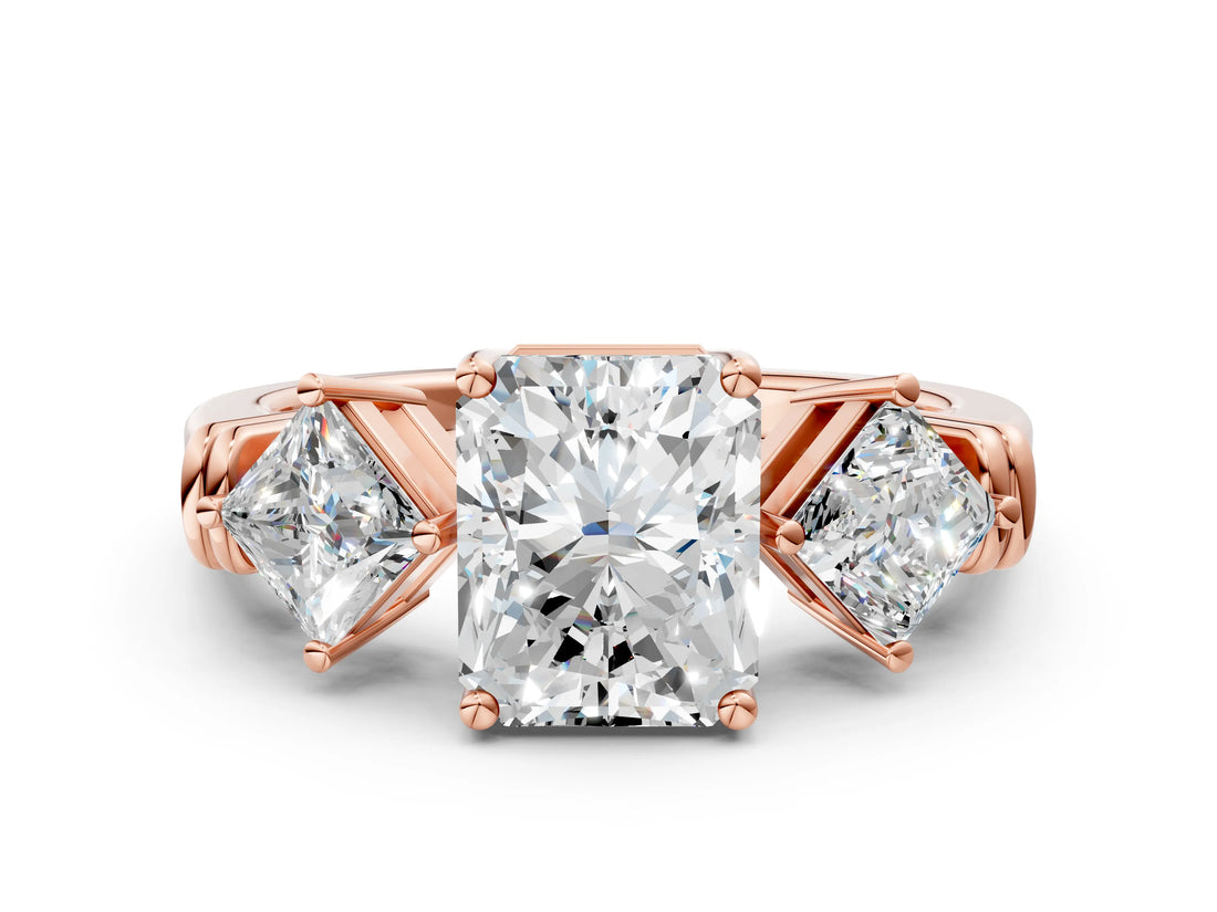 Rose gold Three-Stone Radiant and Princess Cut Diamond Ring with Channel Band and Four-Prong Setting_16