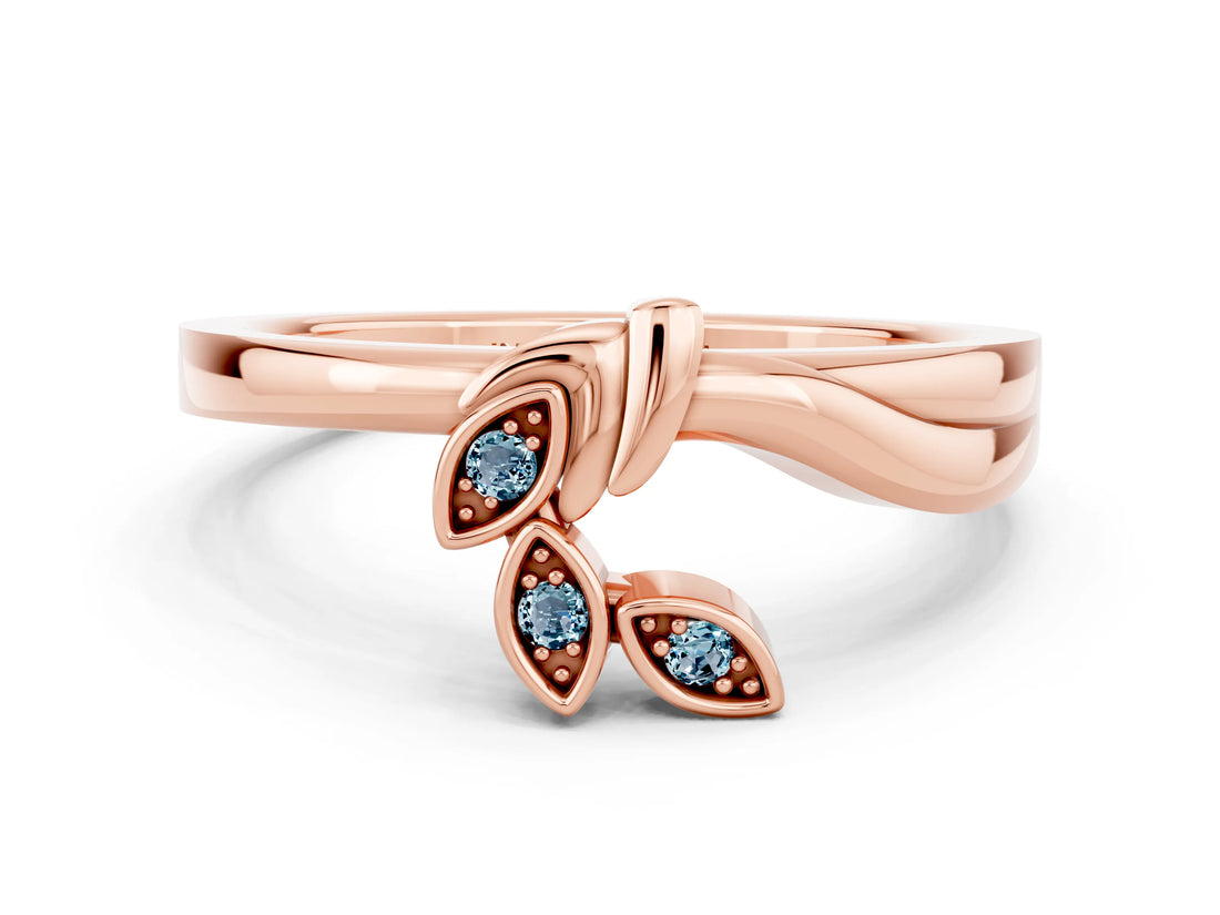 Rose gold Three-Stone Round Aquamarine Leaf Bypass Ring with Bezel Setting_6