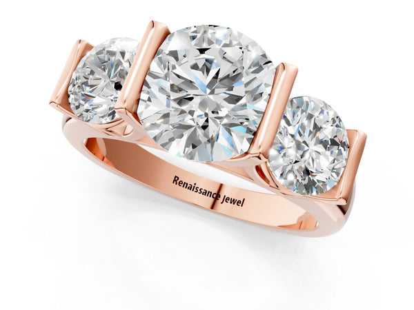 Rose Gold Round Bar Set Three Stone Engagement Ring Setting with Plain Band