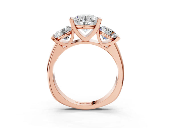 Rose Gold Round Bar Set Three Stone Engagement Ring Setting with Plain Band