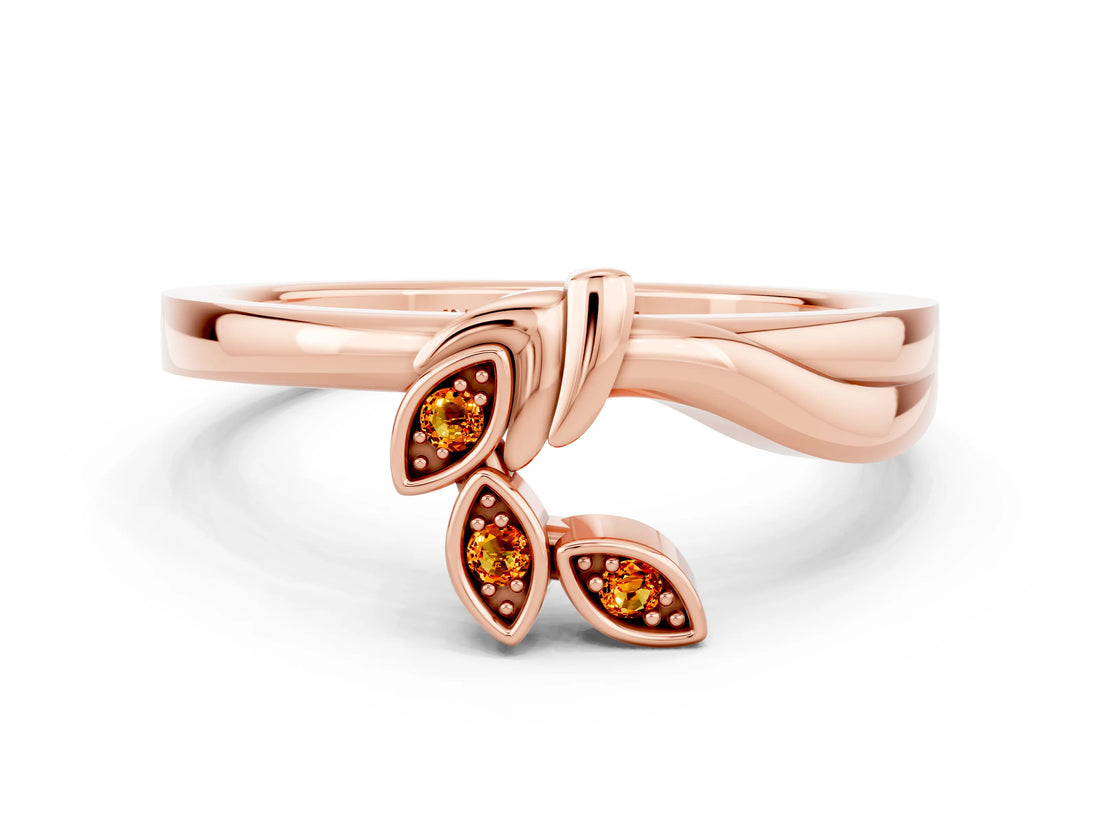 Rose gold Three-Stone Round Citrine Leaf Bypass Ring with Bezel Setting_6