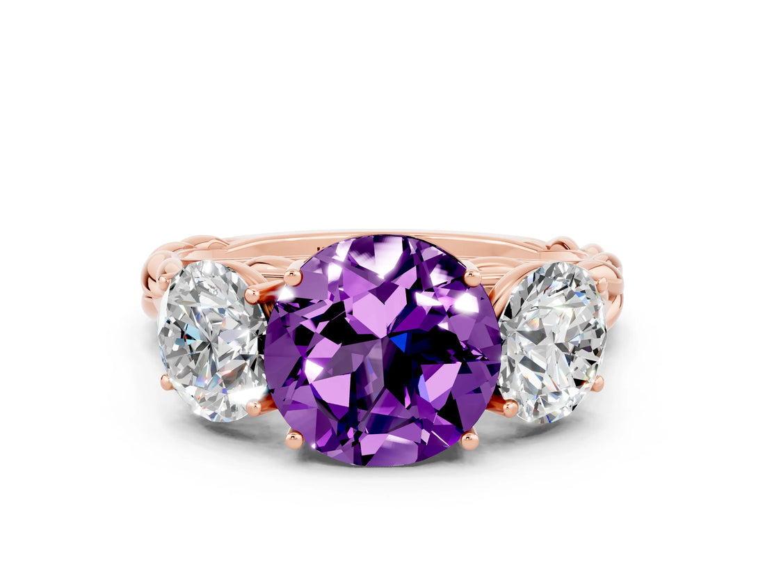 Rose gold Three-Stone Round Cut Amethyst Braided Band Ring with Four-Prong Setting_12
