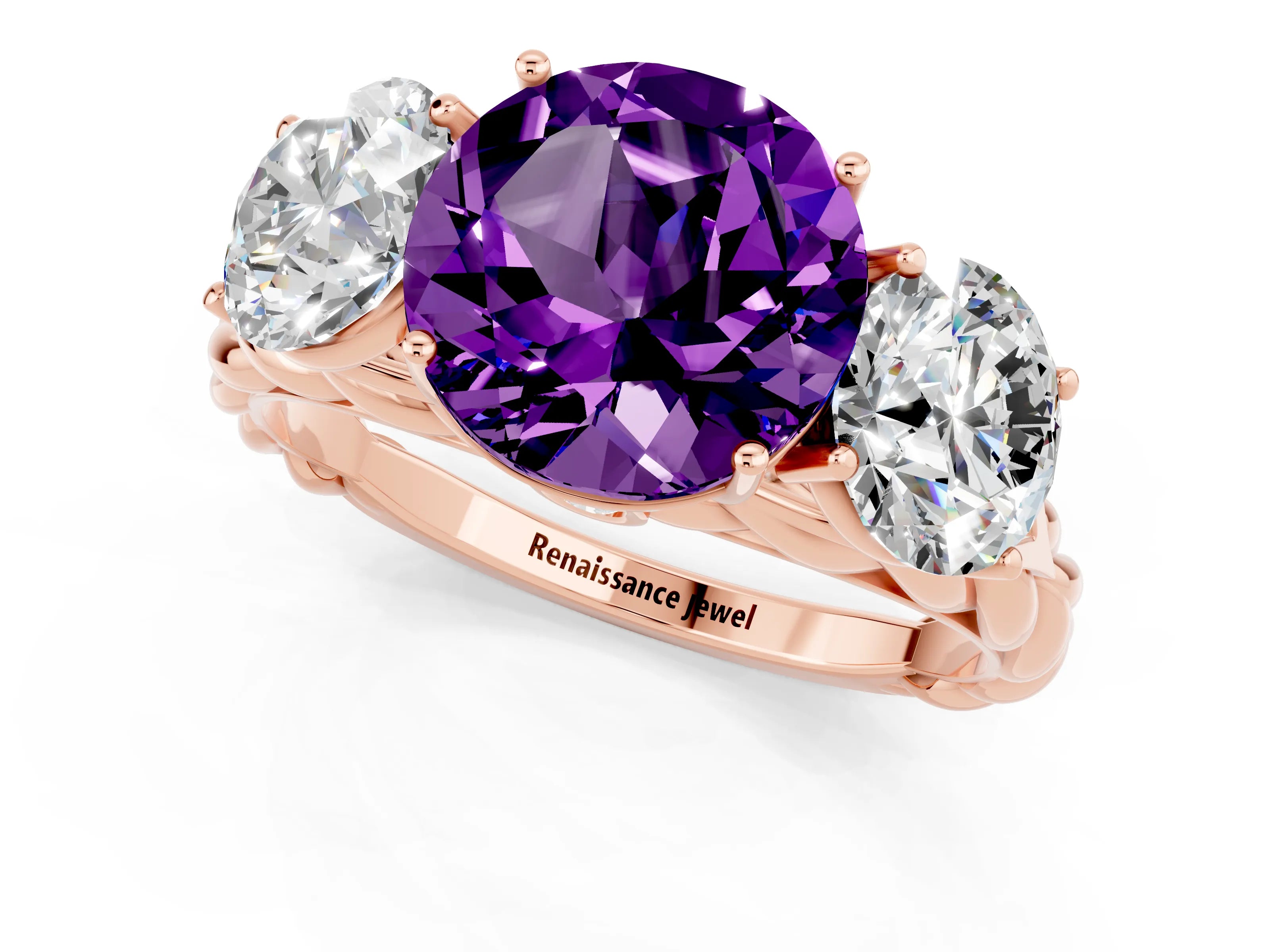 Rose gold Three-Stone Round Cut Amethyst Braided Band Ring with Four-Prong Setting_13