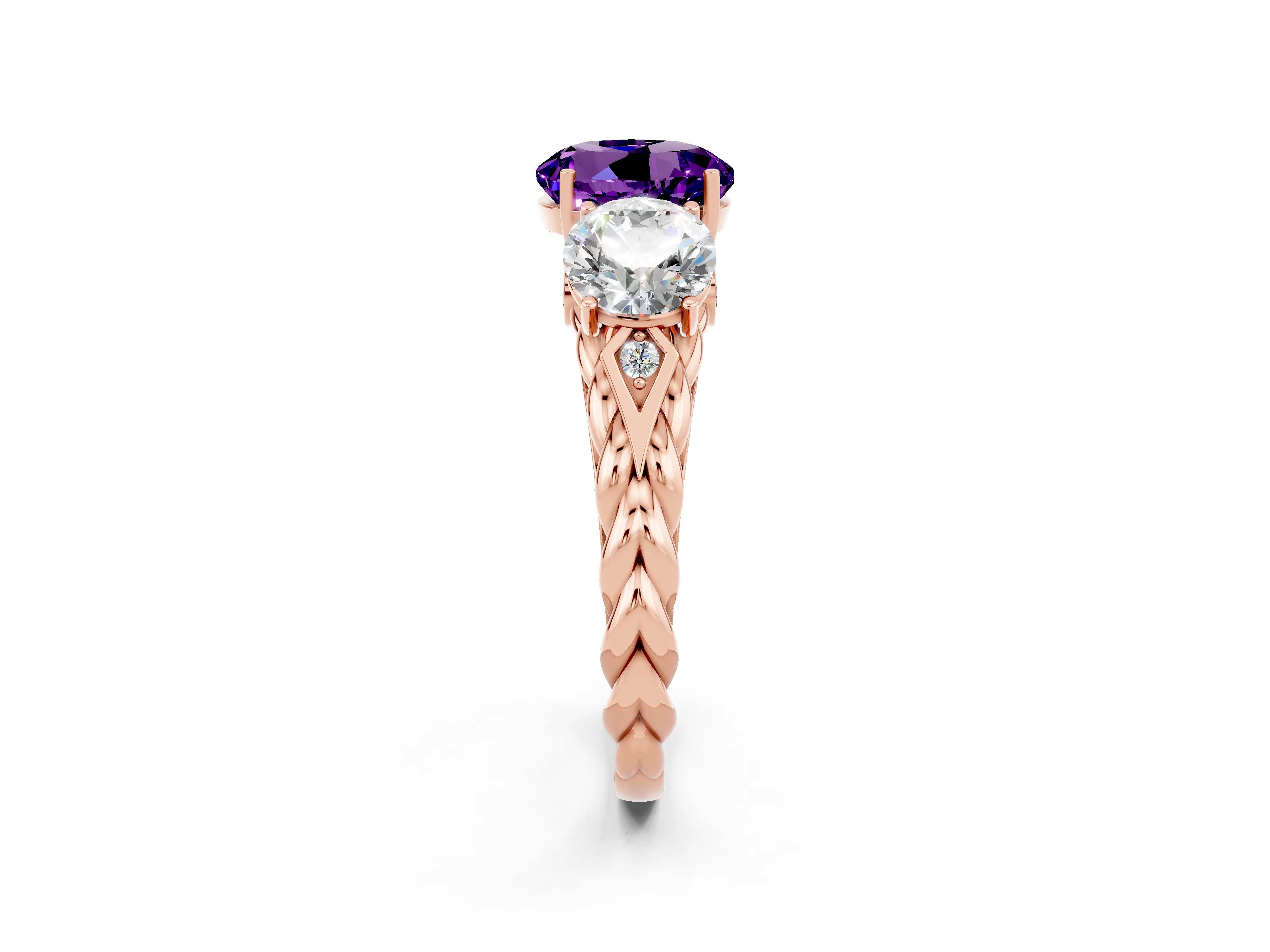 Rose gold Three-Stone Round Cut Amethyst Braided Band Ring with Four-Prong Setting_14