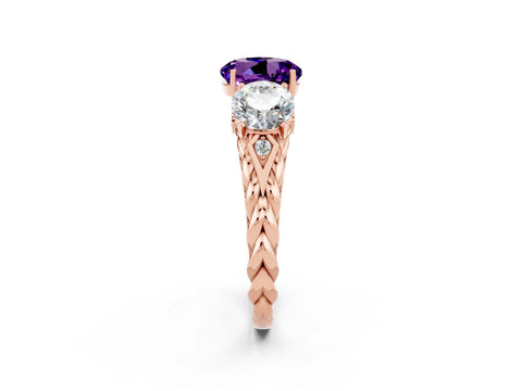 Rose gold Three-Stone Round Cut Amethyst Braided Band Ring with Four-Prong Setting_14
