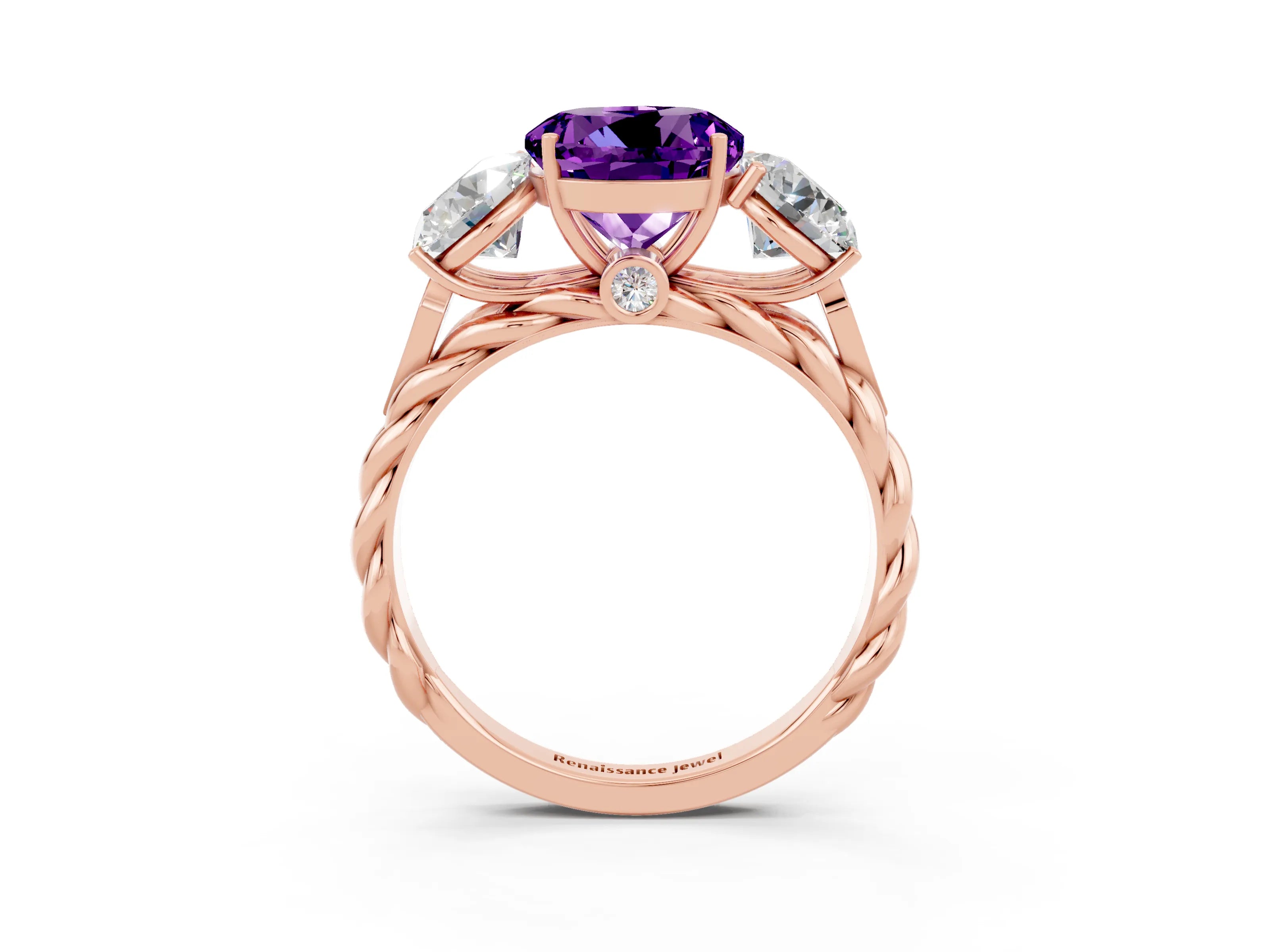 Rose gold Three-Stone Round Cut Amethyst Braided Band Ring with Four-Prong Setting_15