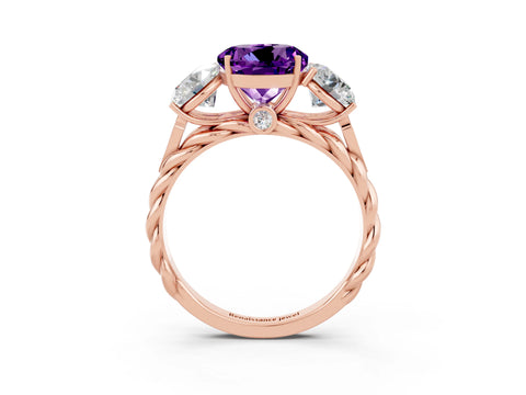 Rose gold Three-Stone Round Cut Amethyst Braided Band Ring with Four-Prong Setting_15