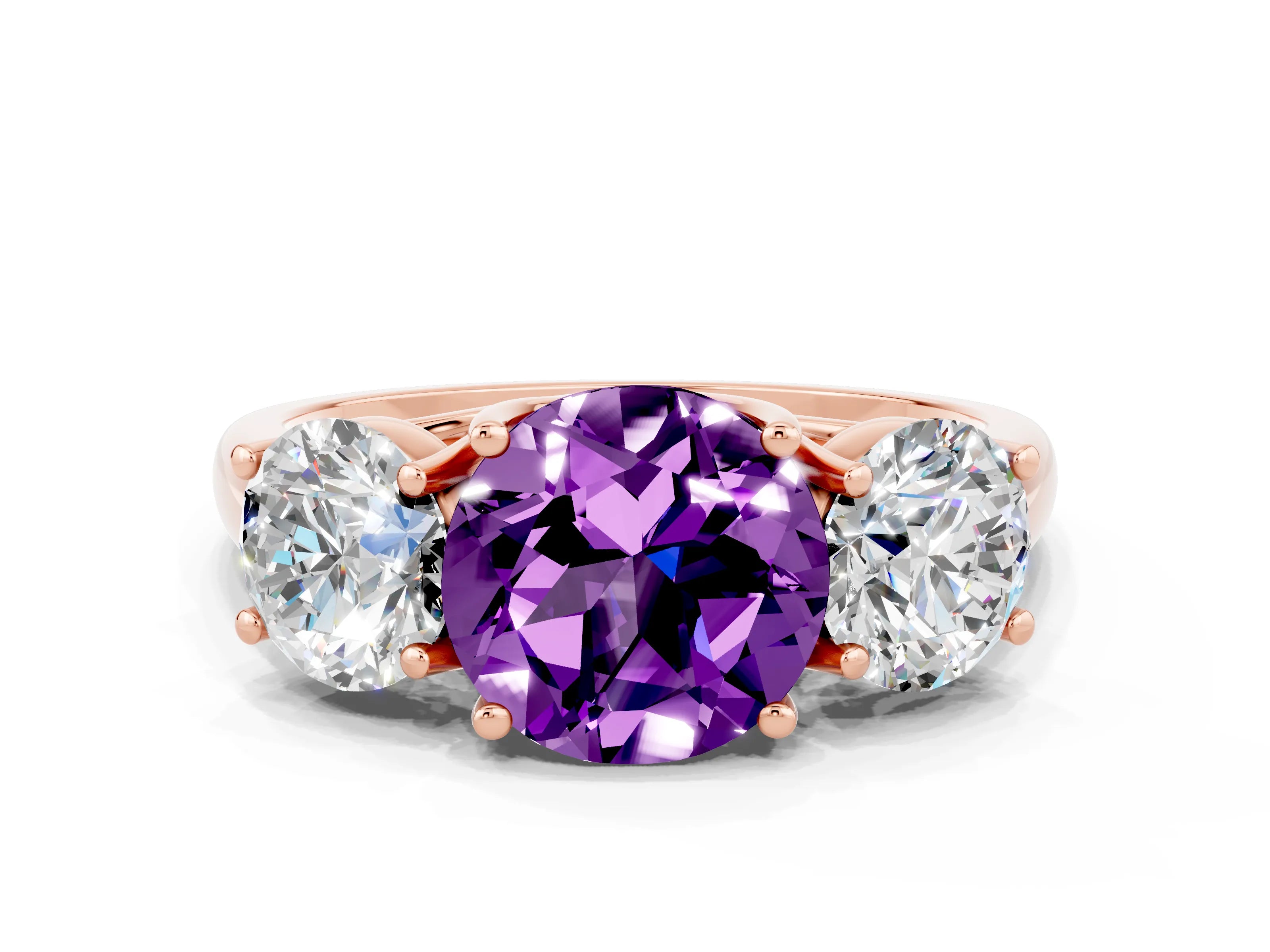 Rose gold Three-Stone Round Cut Amethyst Engagement Ring with Prong Setting