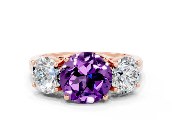 Rose gold Three-Stone Round Cut Amethyst Engagement Ring with Prong Setting