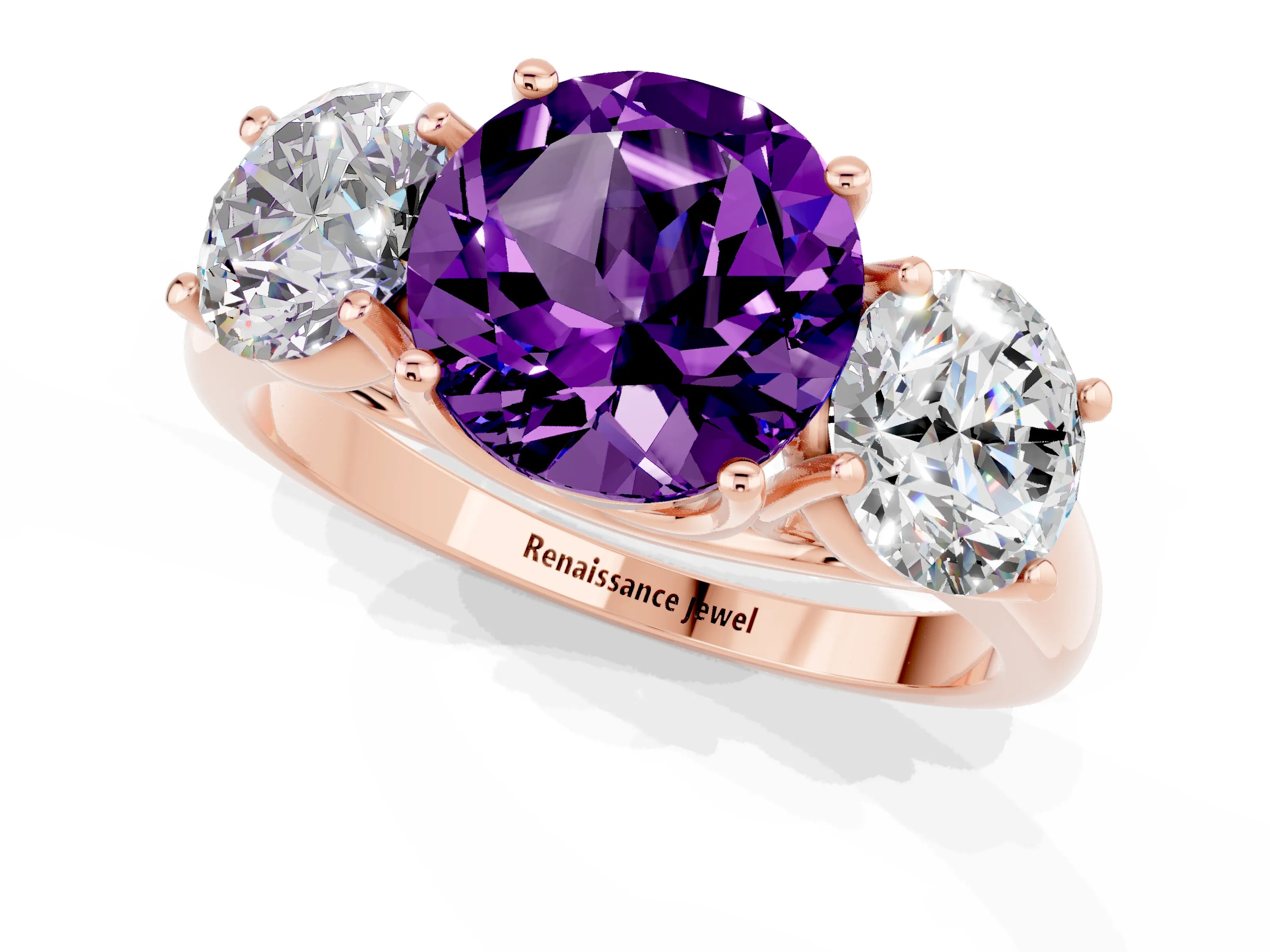 Rose gold Three-Stone Round Cut Amethyst Engagement Ring with Prong Setting_1